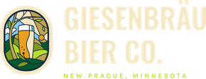 Giesenbrau Bier Co. logo with a stained-glass style hop and church window, New Prague, Minnesota