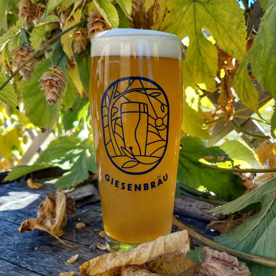 Beer glass with frothy golden ale and “Giesenbräu” logo on a leafy autumn background