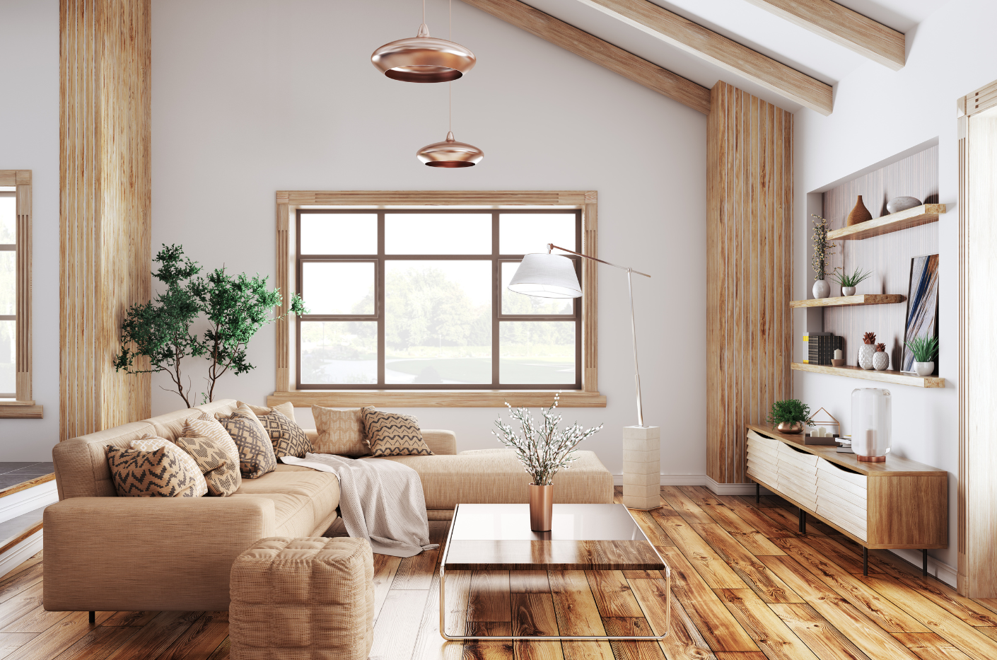 Cozy living room with tan sectional sofa, wooden floors, large window, and copper pendant lights.