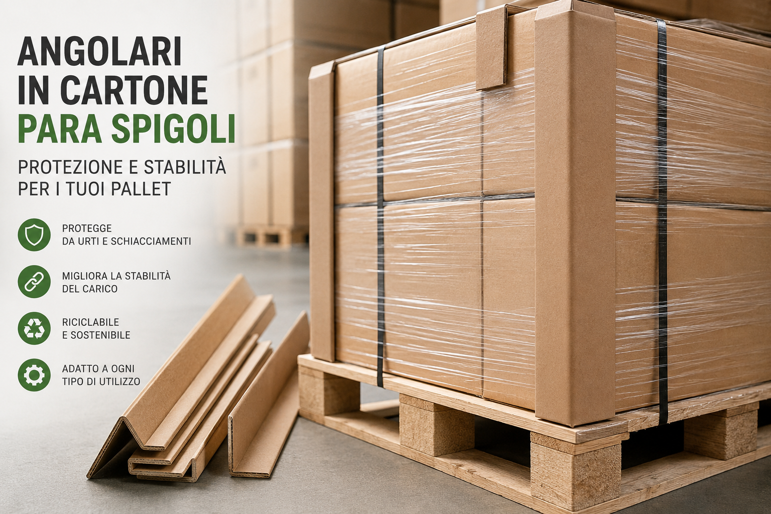 Protezioni angolari in cartone impilate su pallet in un magazzino, con testo del prodotto in italiano sulla sinistra.