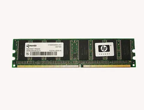Green computer RAM memory module with HP label on a white background