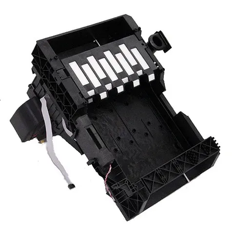 Black plastic printer paper tray assembly with white sensor strip, shown on a white background