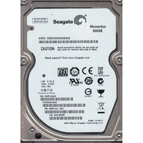 Close-up of a Seagate Momentus 500GB laptop hard drive label and casing