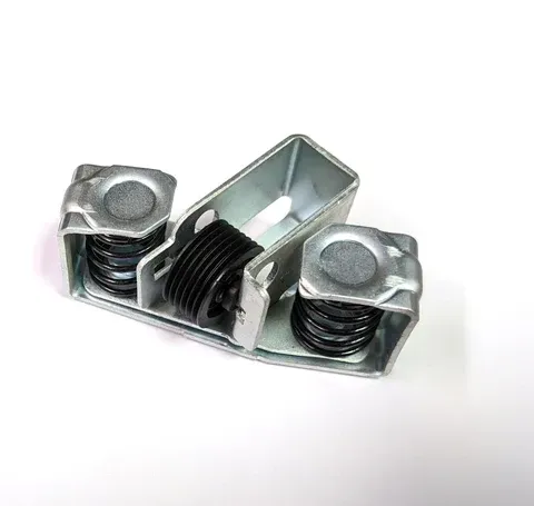 Metal spring clip with two coiled springs and a central plastic insert on a white background