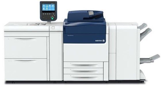 Large white and blue industrial printer/copier with touchscreen control panel and paper trays