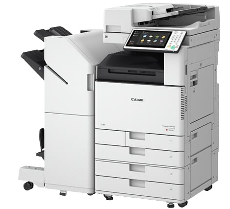 White Canon office copier/printer with touchscreen and paper trays