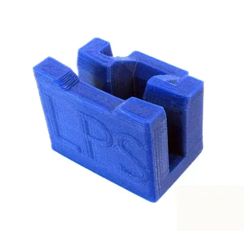 Blue 3D-printed plastic clip holder with an open slot and raised “PS” lettering