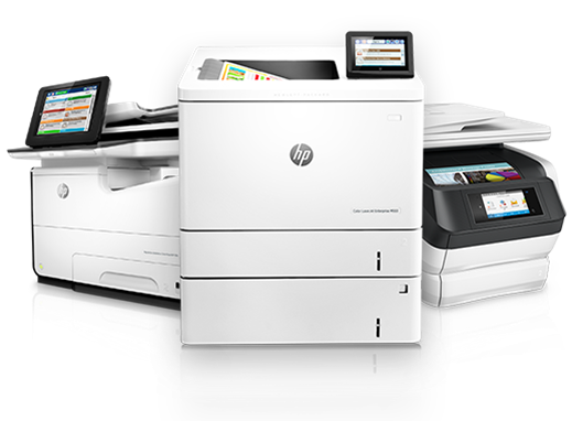 Three HP multifunction printers in white and black, shown together on a white background.