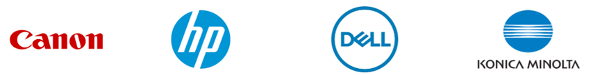 Logos of Canon, HP, Dell, and Konica Minolta on a white background