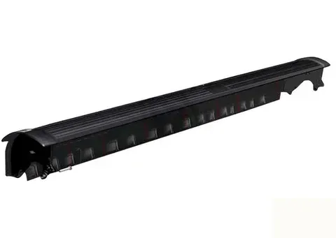 Black curved car roof rain guard with glossy finish on white background