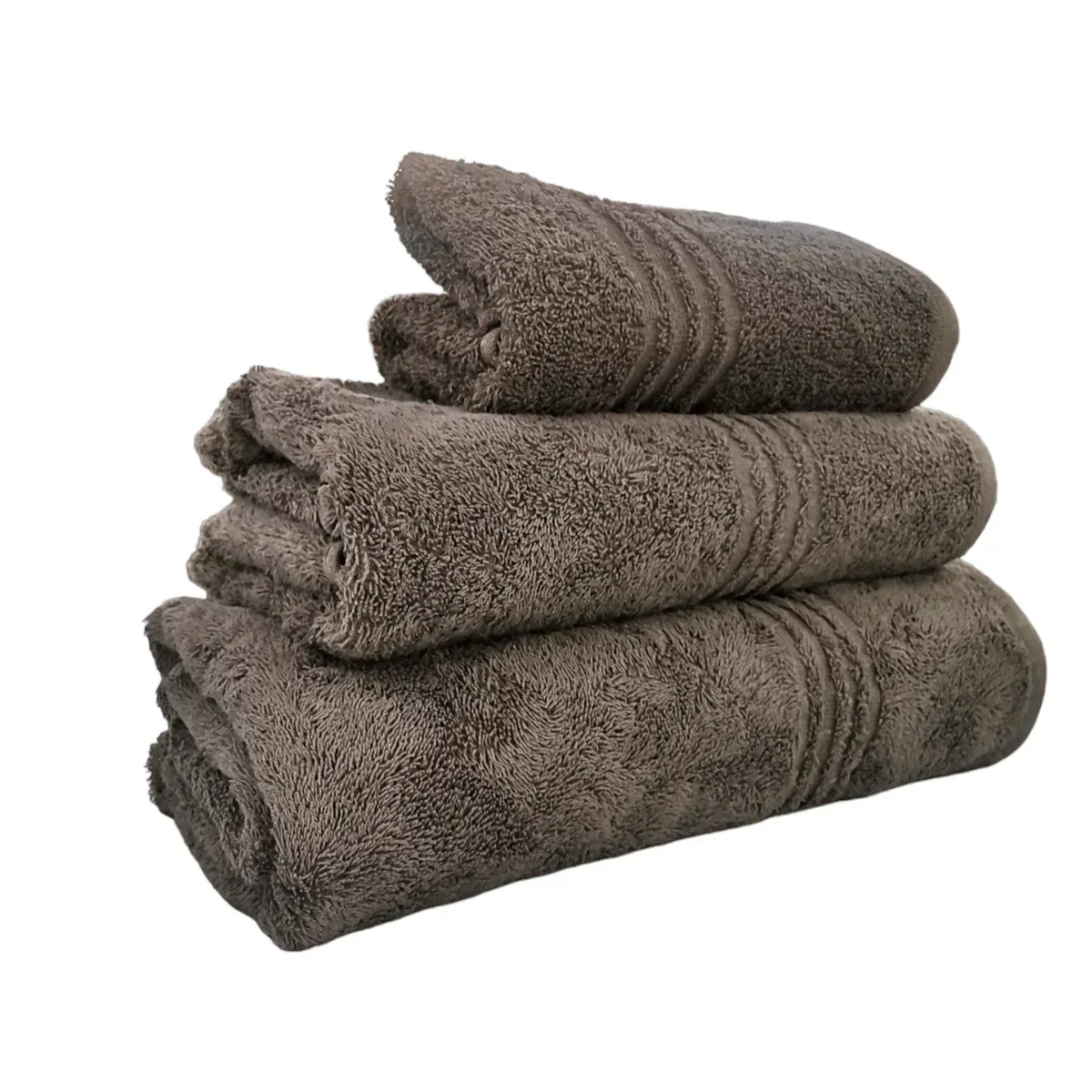 Stack of clean, white towels, one rolled on top.