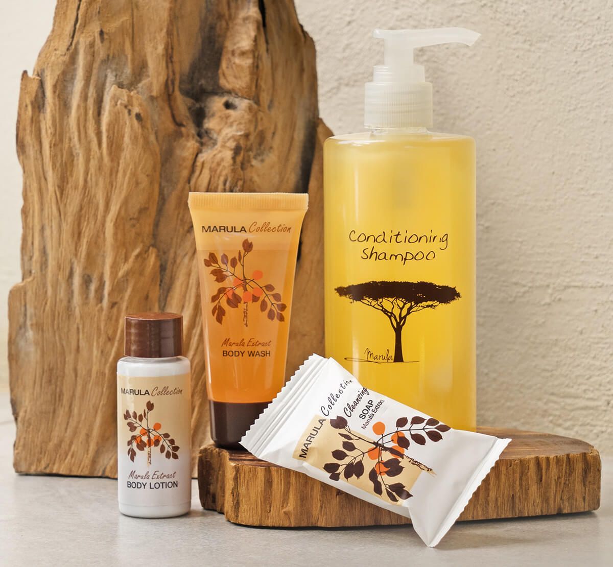 Hotel toiletries: shampoo, conditioner, body wash, and soap on a wooden stand, with wood in the background.