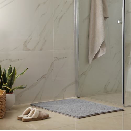 Gray bath mat in front of a shower, with slippers nearby. A towel hangs from the shower and a plant is visible.