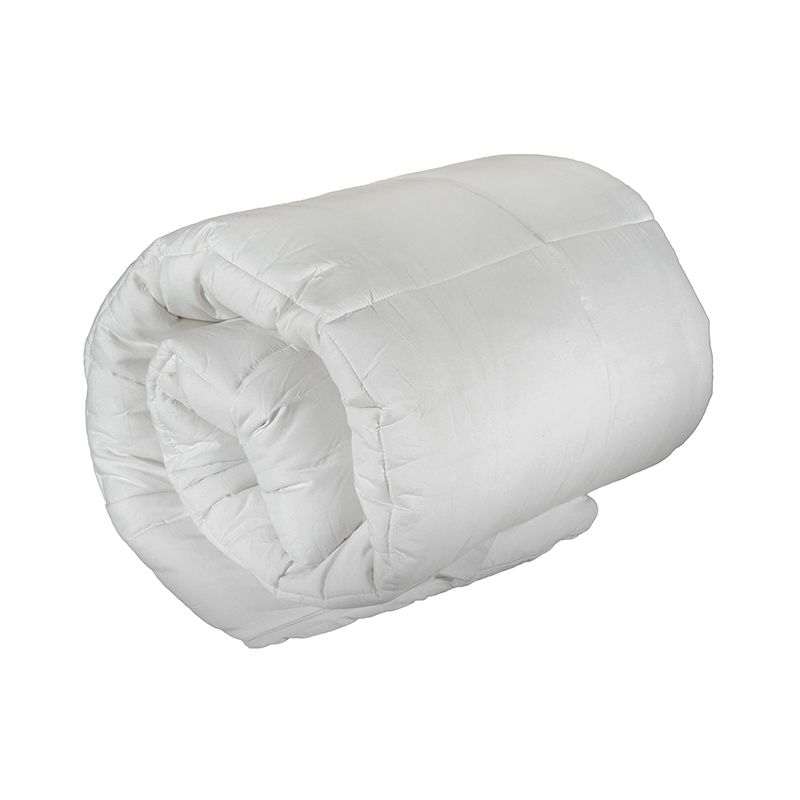 Rolled-up white comforter with stitched square pattern.