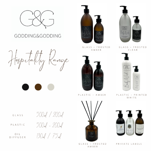 Product range display by Godding & Godding, including soap dispensers, diffusers in various colors, materials and sizes.