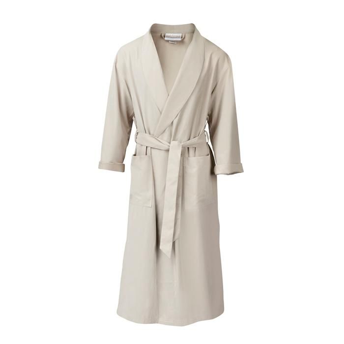 Beige bathrobe with a shawl collar, belt, and pockets.