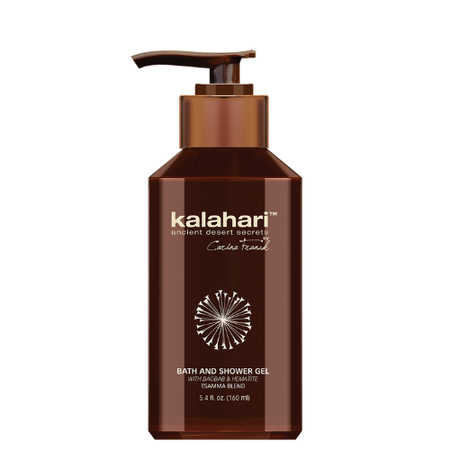Brown bottle of Kalahari bath and shower gel with pump dispenser.