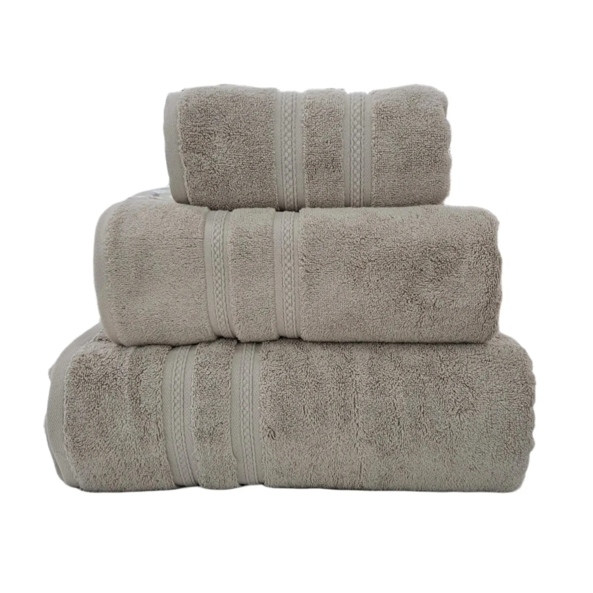 Stack of clean, white towels, one rolled on top.