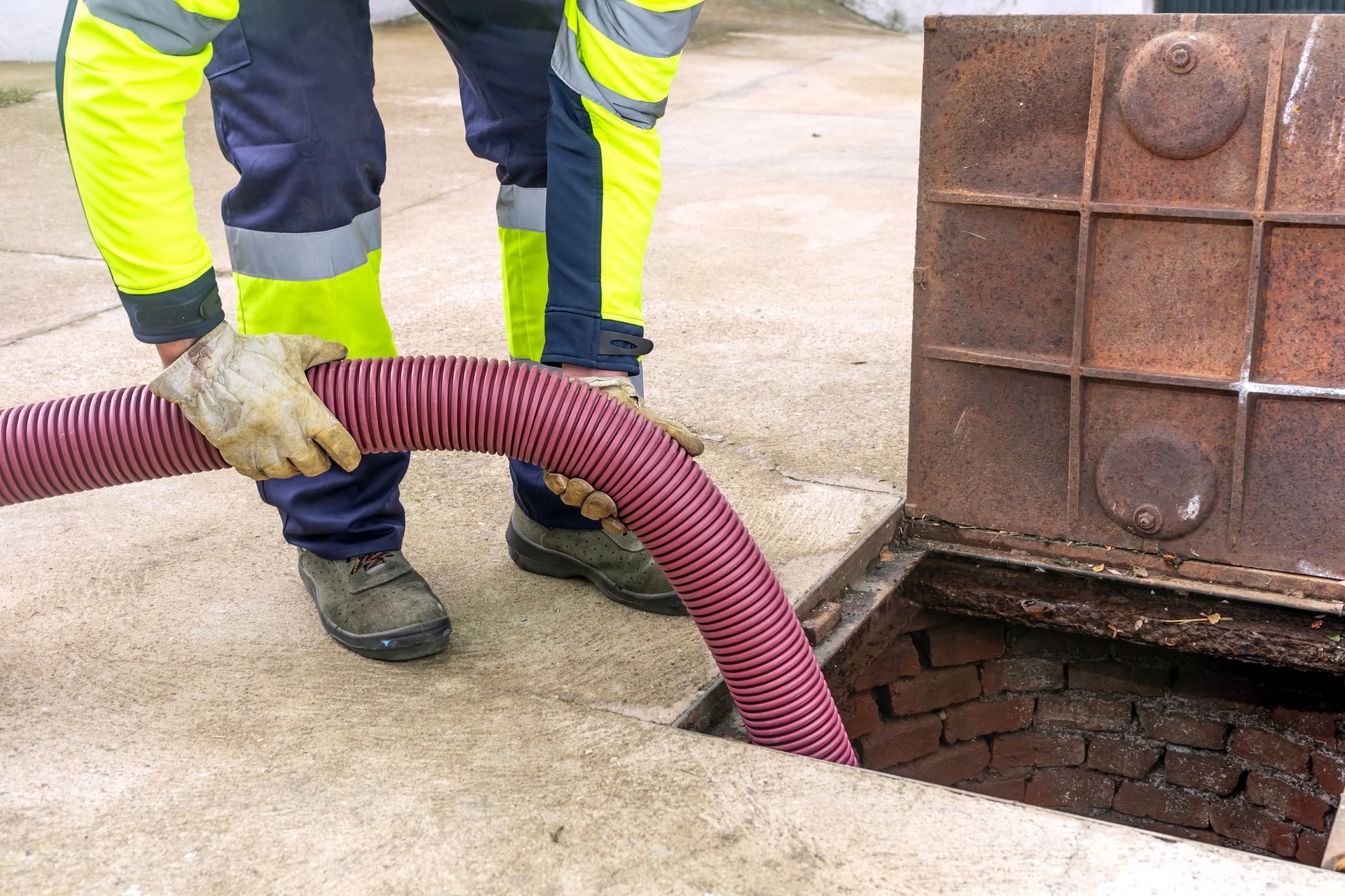 A worker in safety gear holding a red hose to clean an open sewer manhole on concrete ground A worker in safety gear holding a red hose to clean an open sewer manhole on concrete ground