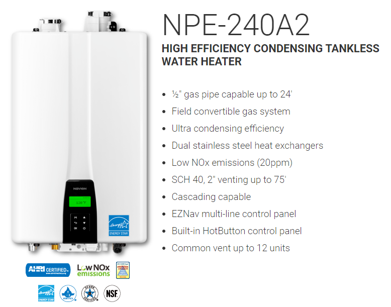 A picture of a high efficiency condensing tankless water heater A picture of a high efficiency condensing tankless water heater