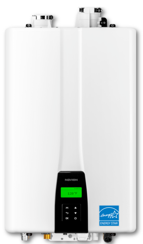 A white water heater with a green screen on it
