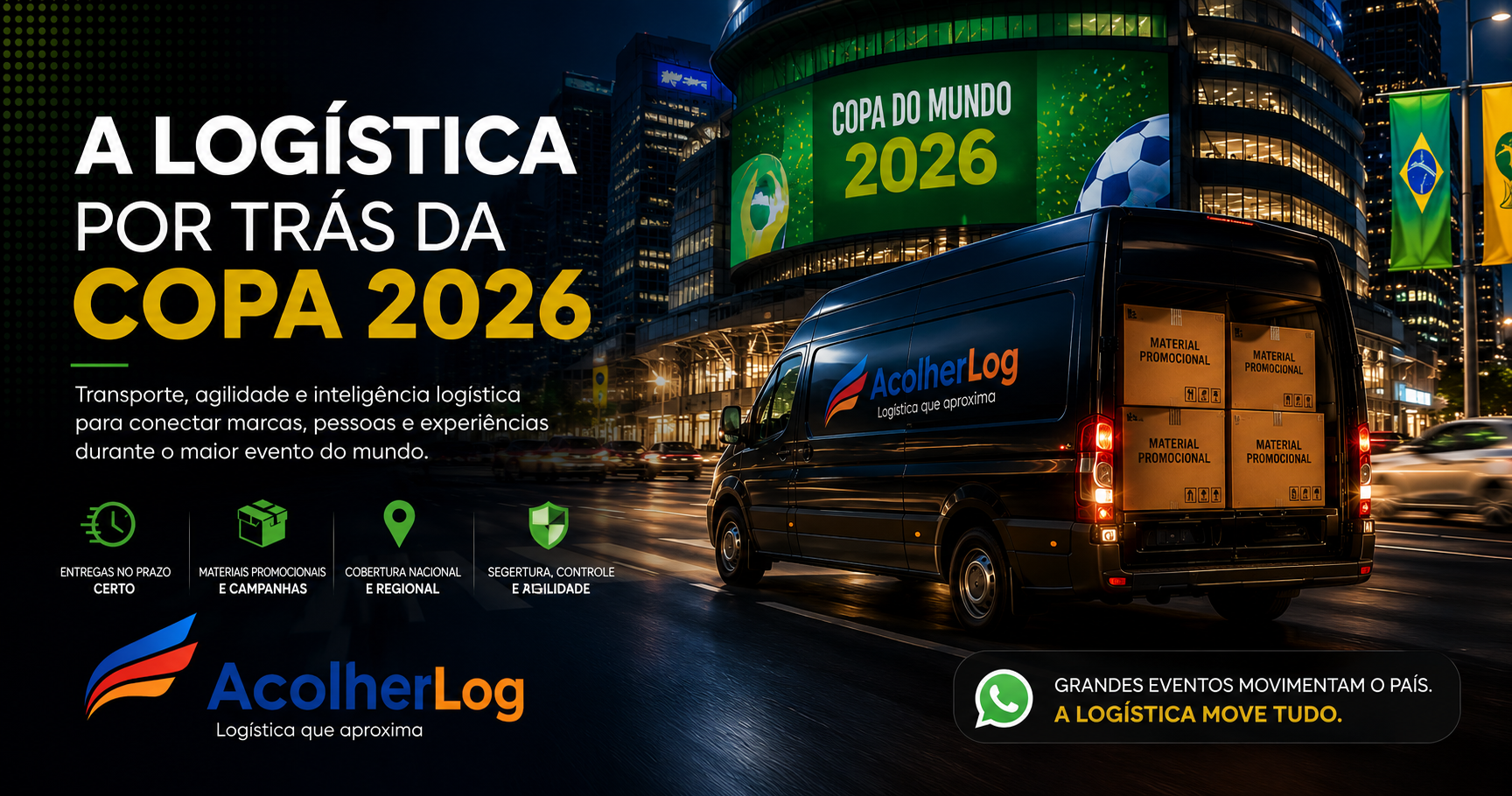 Logística promocional para a Copa do Mundo 2026 com transporte estratégico e operações em todo o Bra