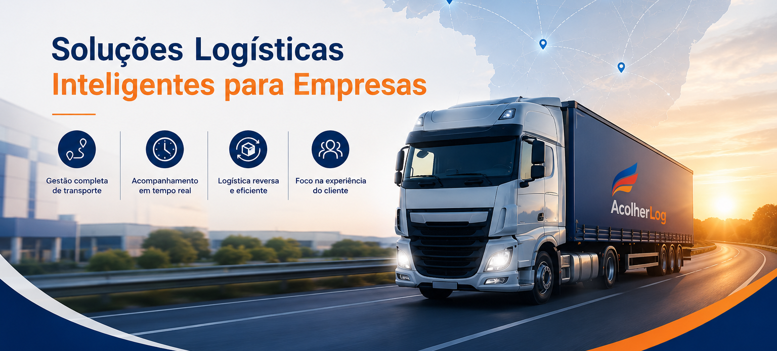 Imagem institucional da Acolher Log com caminhão, mapa do Brasil e soluções logísticas para empresas