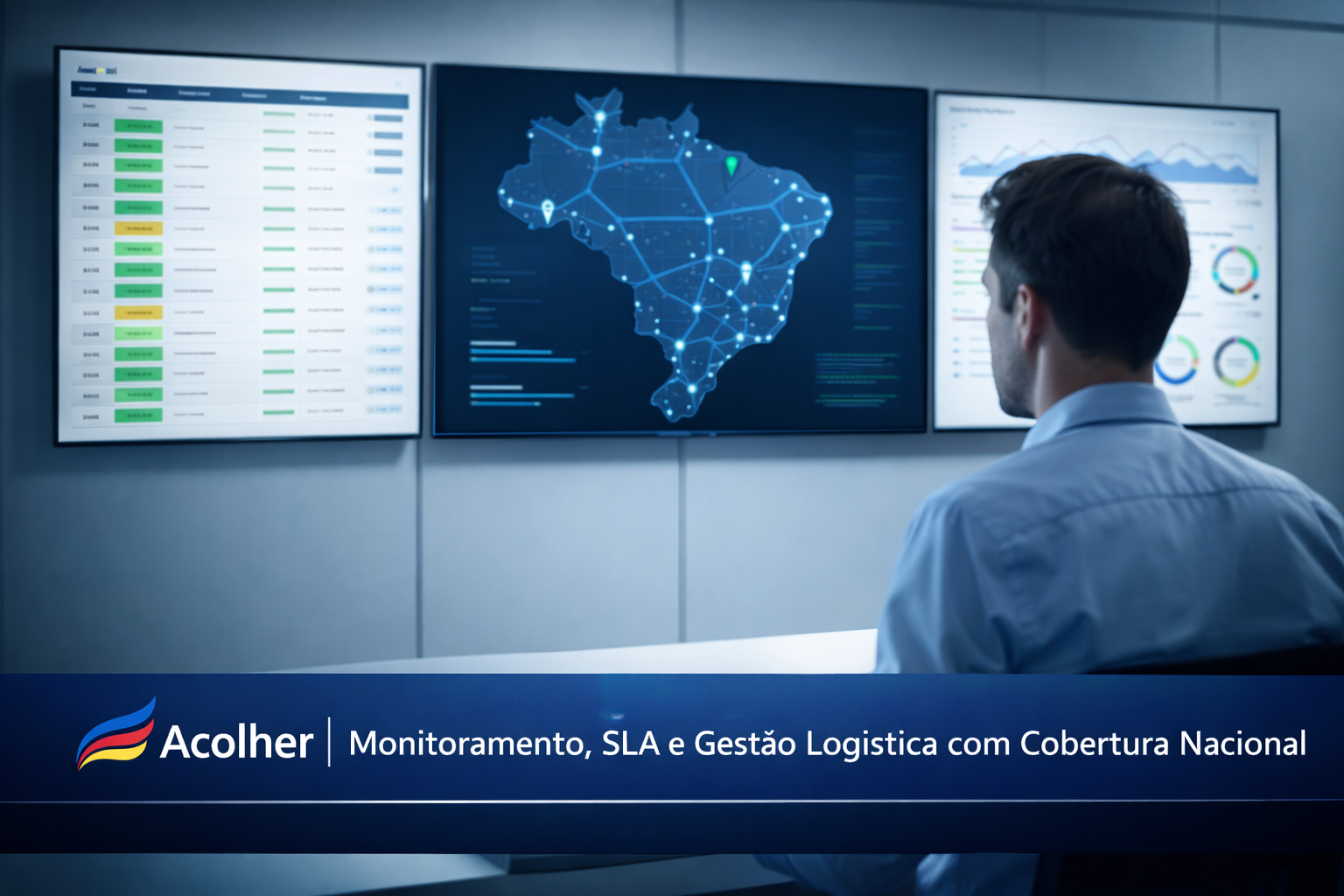 Equipe em central de controle logístico acompanhando indicadores de desempenho e rotas no Brasil em
