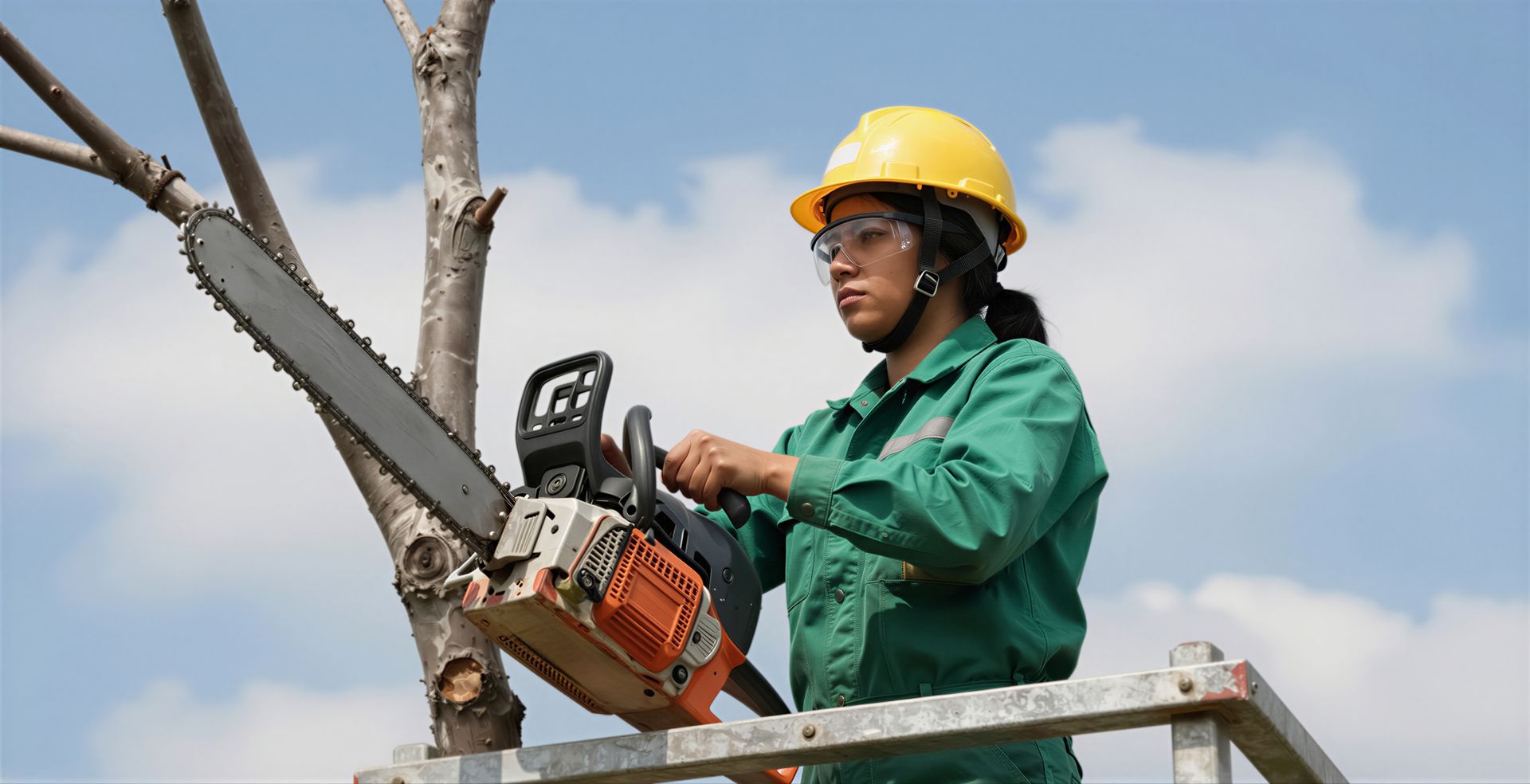 Professional in safety gear using a chainsaw aloft during an arborist landscape consultation visit.