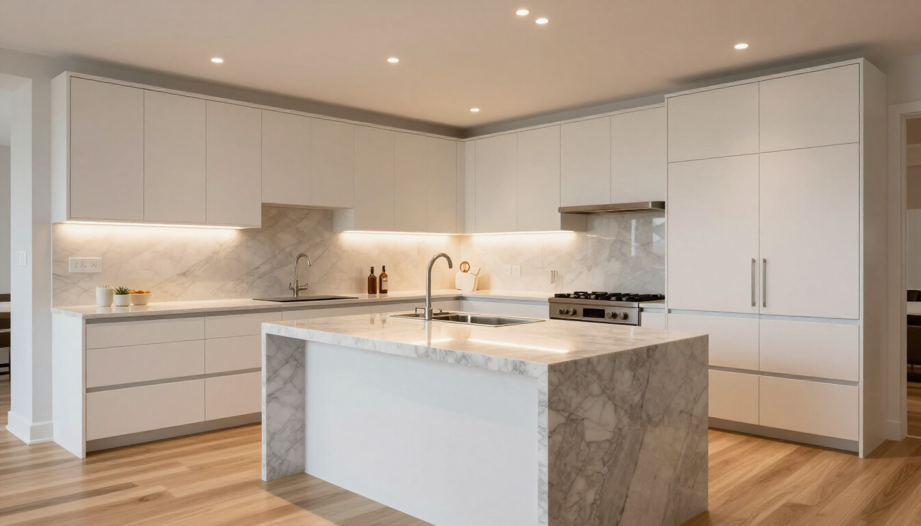 Modern white kitchen with marble island, sleek cabinetry, and warm wood flooring