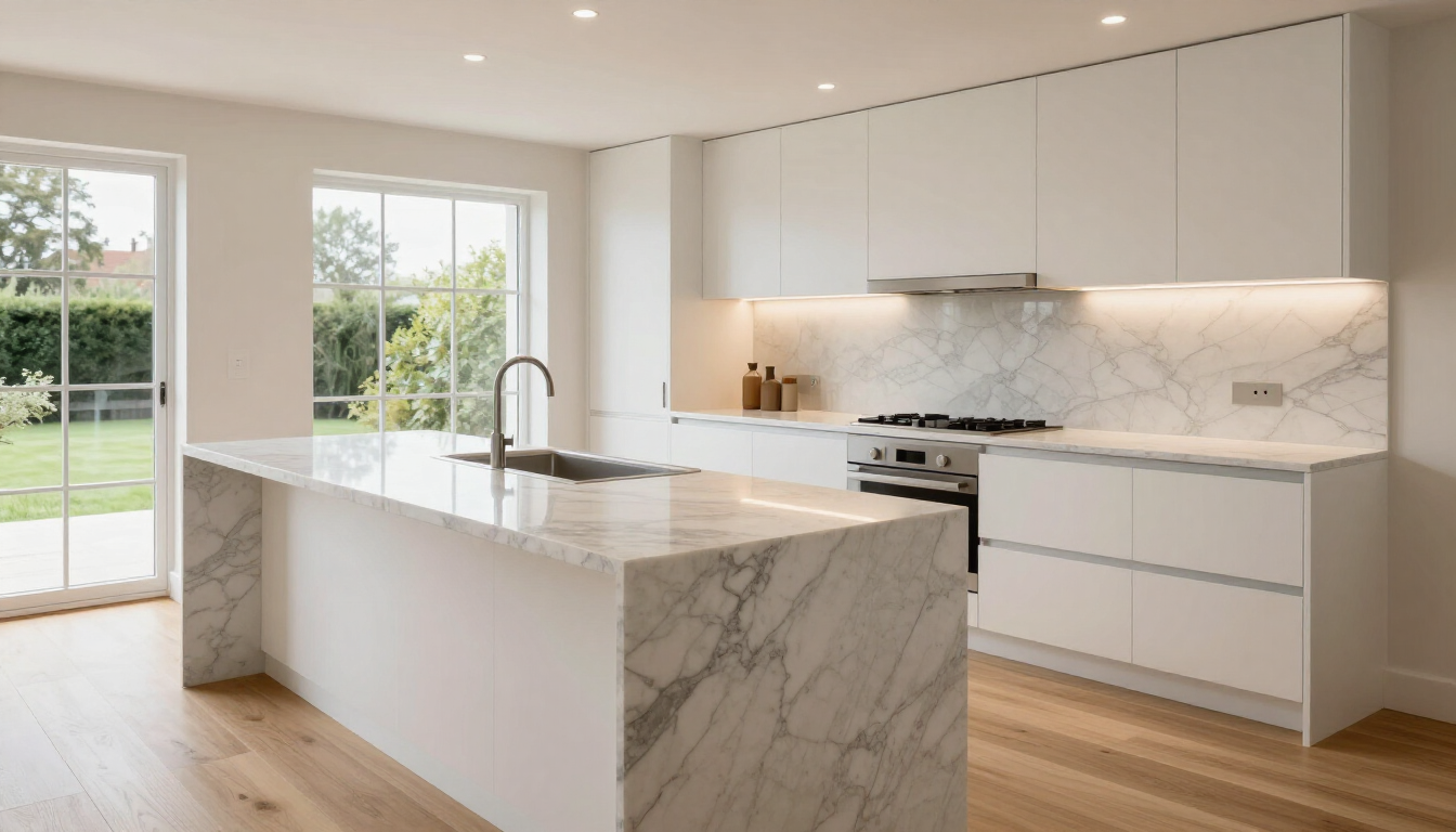 Bright modern kitchen with marble island, white cabinets, wood floors, and large windows