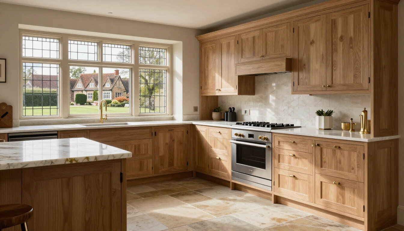 Bright modern kitchen with wooden cabinets, large window, island, and stainless steel stove.