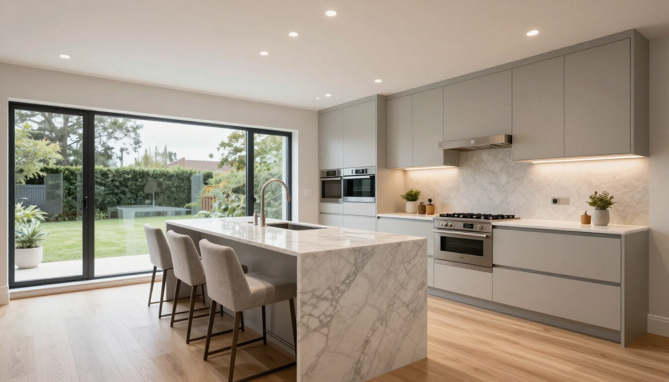 Modern open-plan kitchen with marble island, beige stools, and large sliding glass doors to a green yard