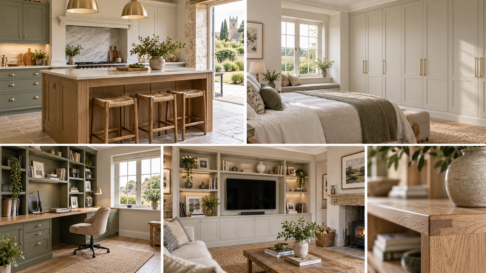 Collage of a warm beige home interior with kitchen, bedroom, office, and living room scenes