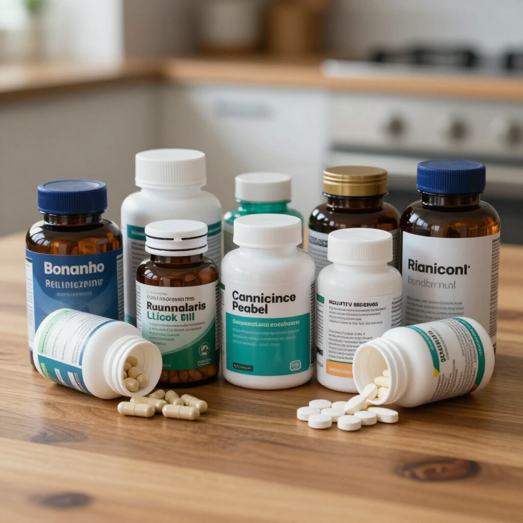 Multiple bottles of pills and dietary supplements arranged on a wooden table in a kitchen setting.