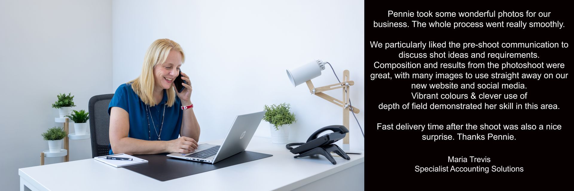 Commercial photography reading, female testimonial