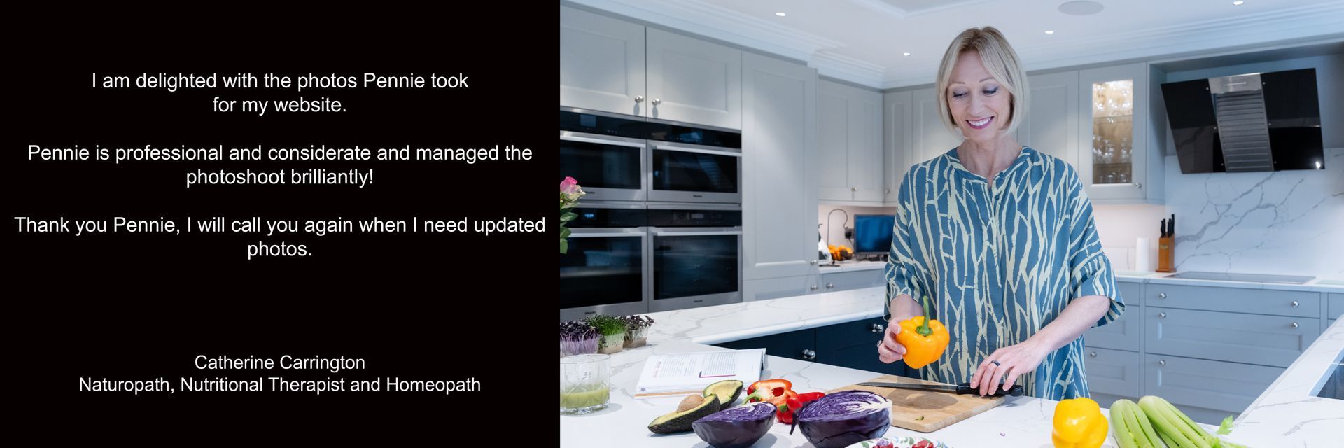 Commercial photography reading, nutritionist cutting up food