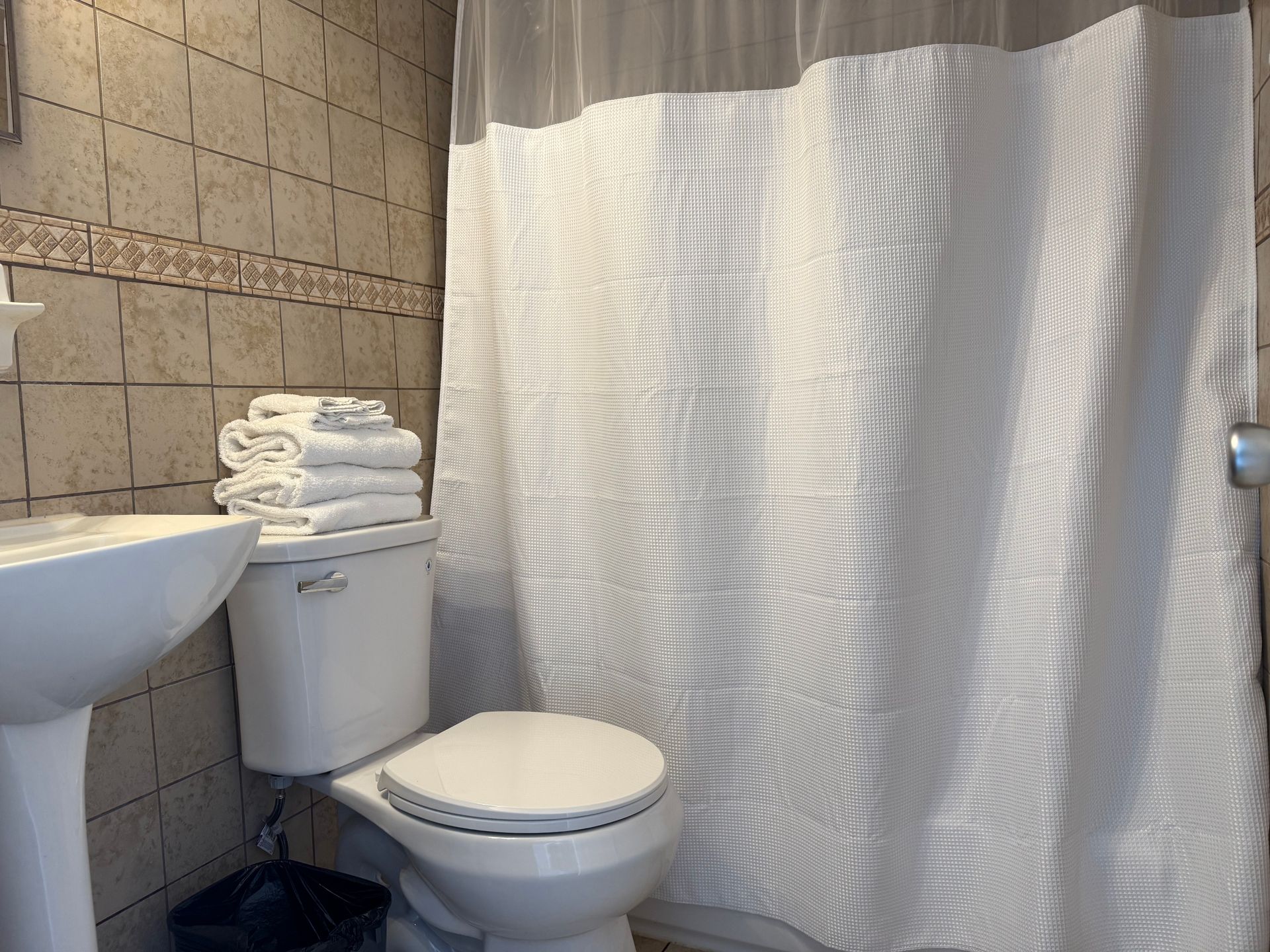 A bathroom with a toilet , sink and shower curtain