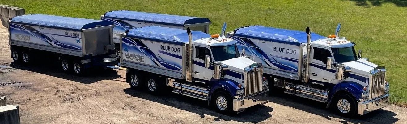 Three Blue and White Semi-trucks With Trailers Parked Outdoors — Blue Dog Earthmoving Landscape Supplies in Newee Creek, NSW