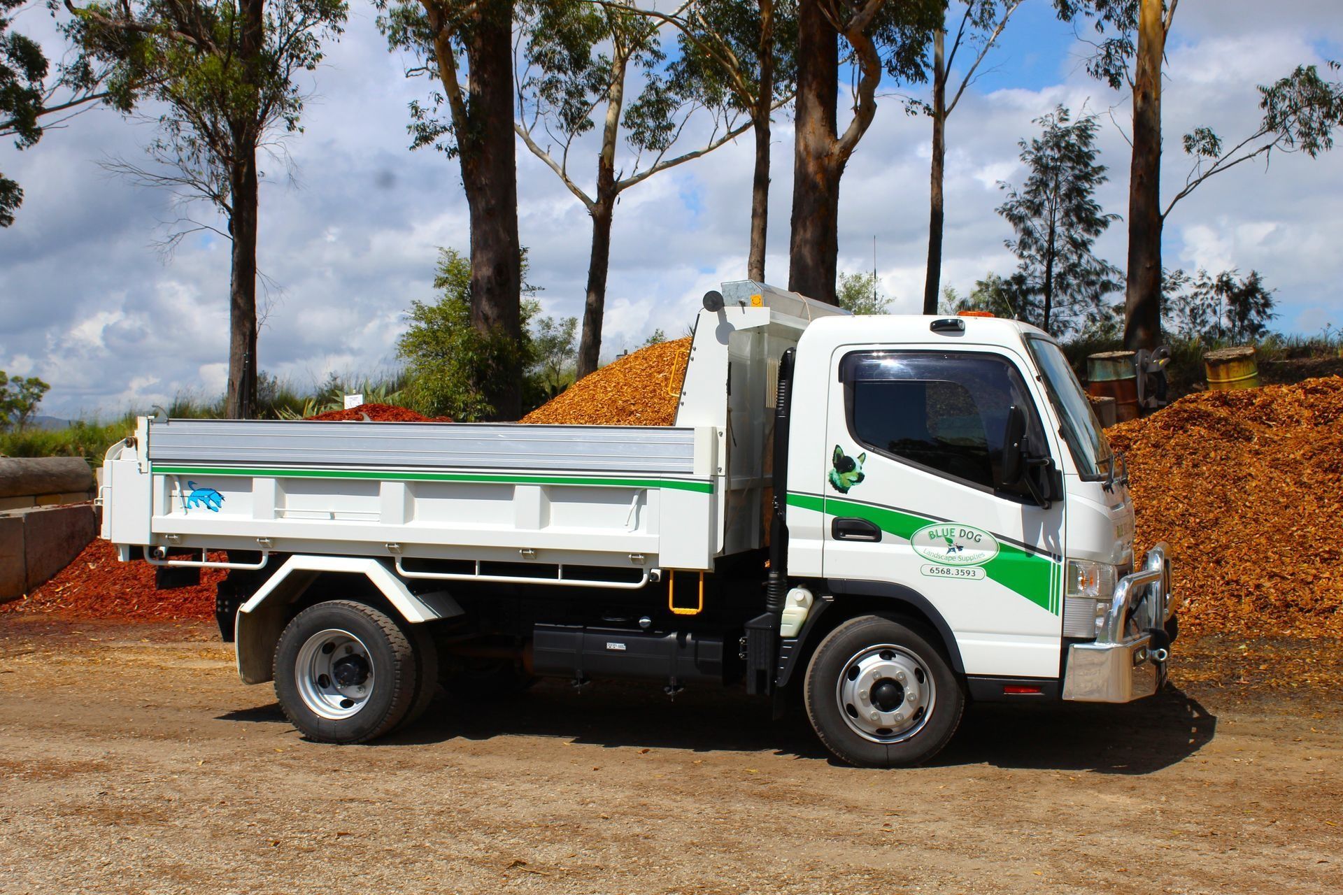 White and Green Dump Truck on a Gravel Road — Blue Dog Earthmoving Landscape Supplies in Newee Creek, NSW