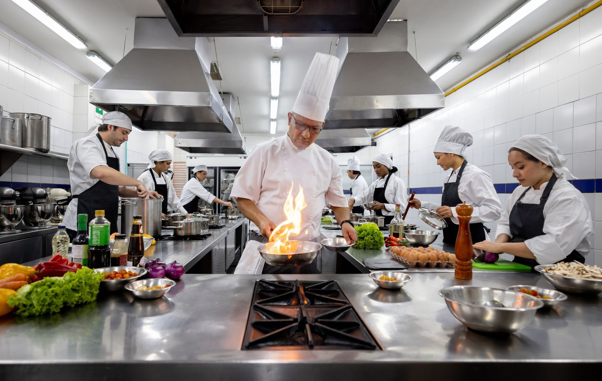 Un gruppo di chef sta preparando il cibo in cucina.