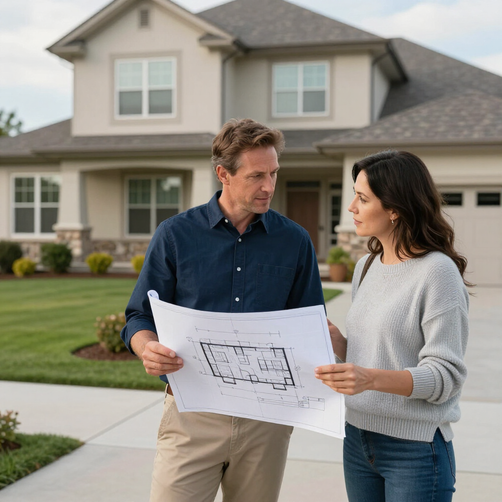 A person explains architectural plans for a new house to another person while standing on the driveway. A person explains architectural plans for a new house to another person while standing on the driveway.