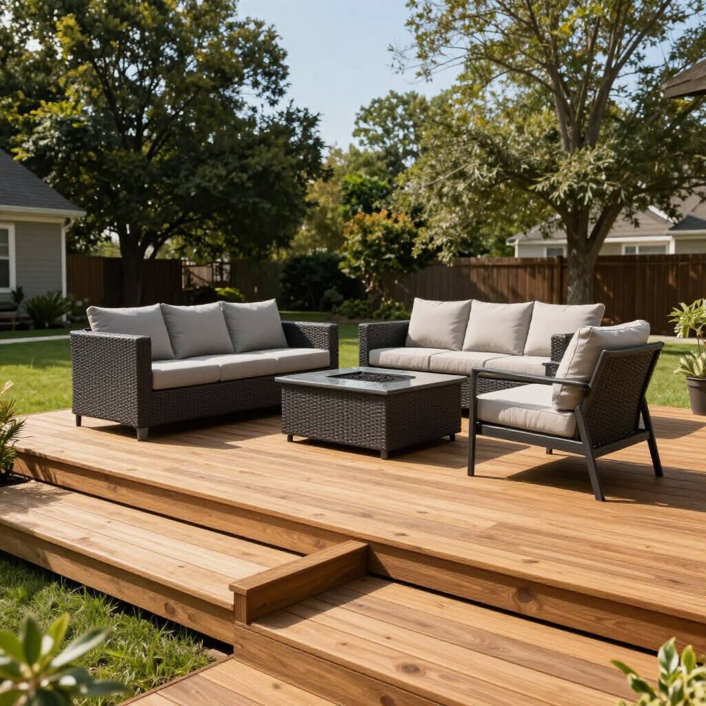 A modern outdoor patio set with gray cushions and a central fire pit table on a wood deck in a grassy backyard. A modern outdoor patio set with gray cushions and a central fire pit table on a wood deck in a grassy backyard.