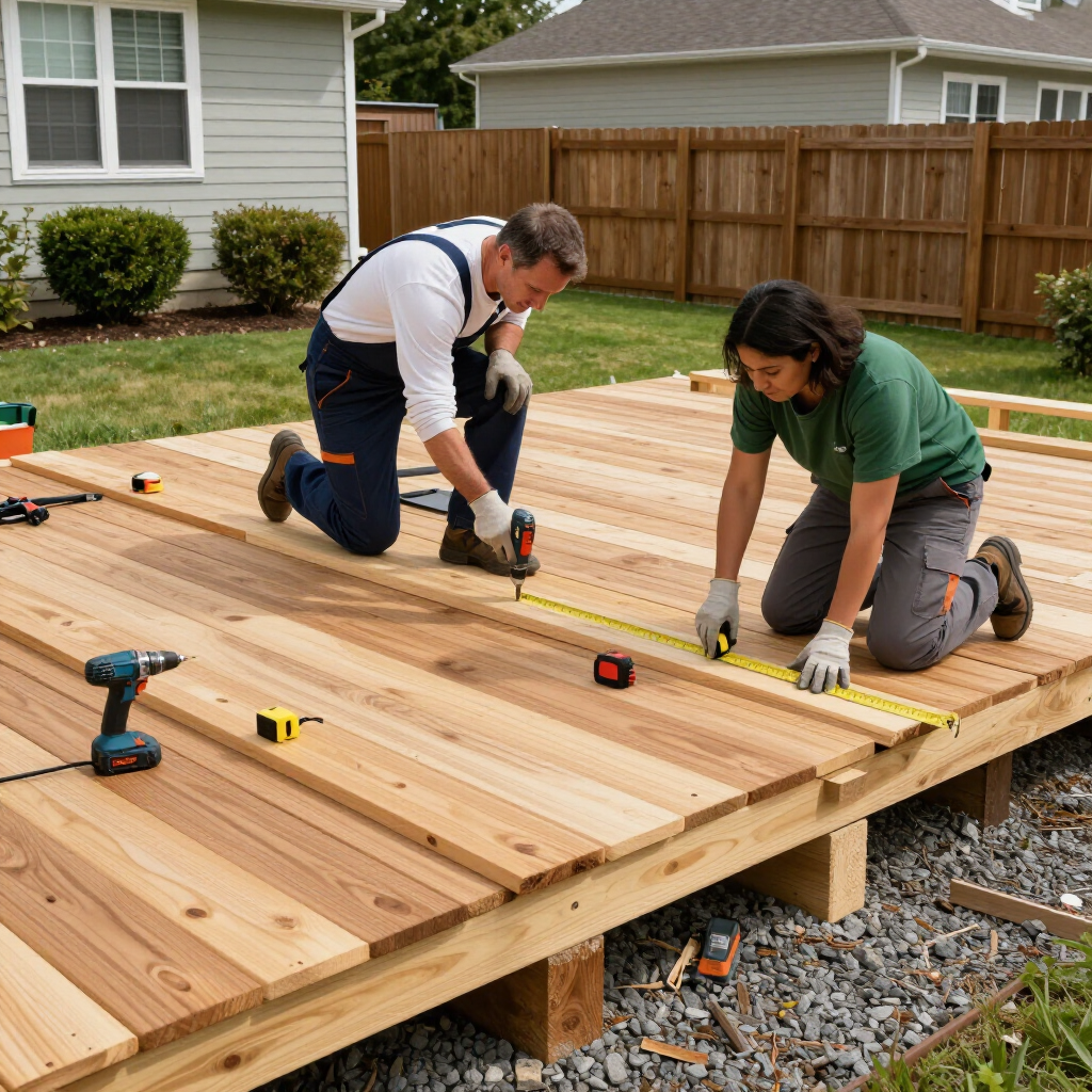 Two people wearing work clothes kneel on a wooden deck structure, using tools and a measuring tape to install planks. Two people wearing work clothes kneel on a wooden deck structure, using tools and a measuring tape to install planks.