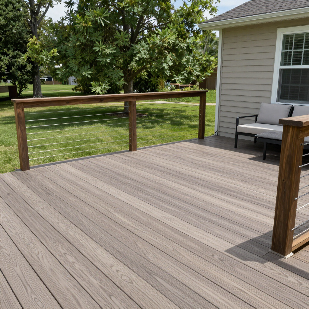 A gray composite deck with a wooden railing and cable infill, featuring a small outdoor chair set next to a house. A gray composite deck with a wooden railing and cable infill, featuring a small outdoor chair set next to a house.