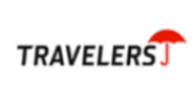 Travelers logo in black with a red umbrella icon