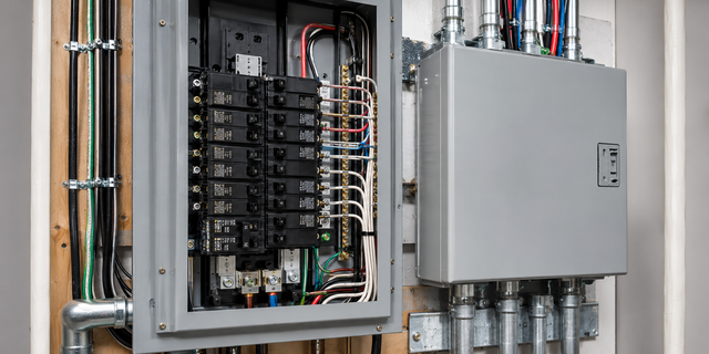 Open electrical panel with wiring and circuit breakers beside a gray control box in a utility room