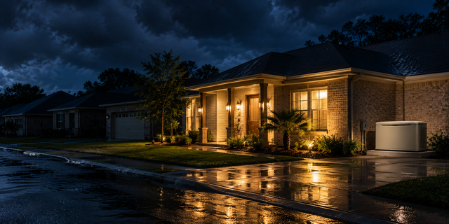 Rainy night outside a warmly lit brick house with reflections on the wet street