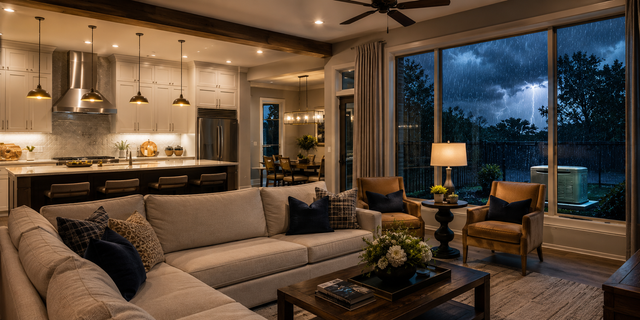 Cozy modern living room and kitchen at dusk, with sectional sofa, warm lighting, and large windows overlooking a pool.