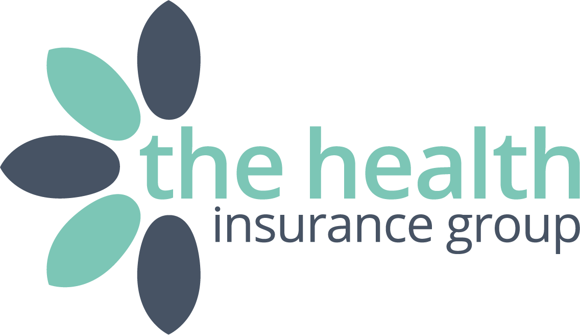 The Health Insurance Group logo with teal and dark navy petal shapes and text